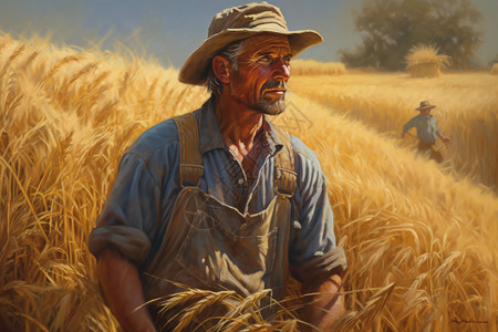 农民在田间地的油画图片