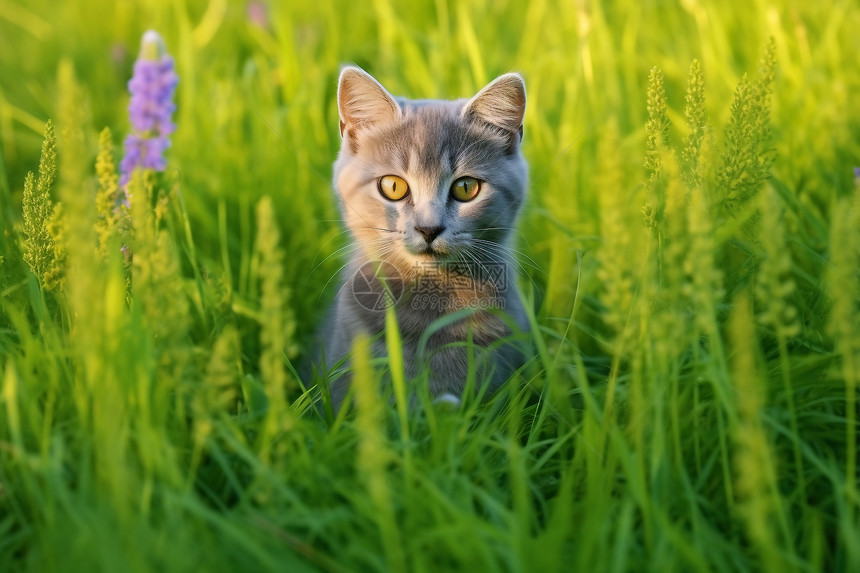 夏天公园草地上的小猫图片