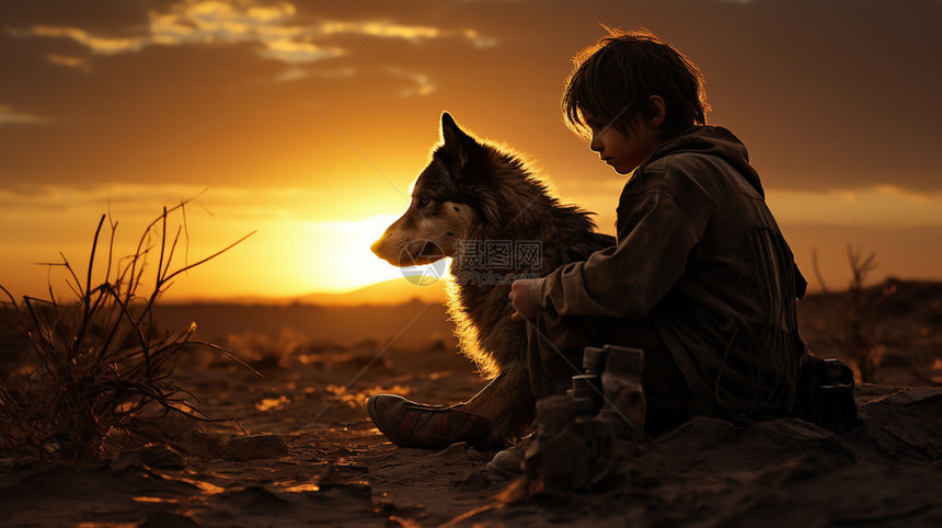 黄昏时分荒原上的男孩和狗图片