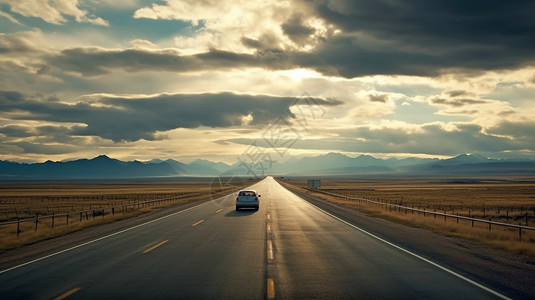 草原上的马路在平原公路上行驶的汽车背景