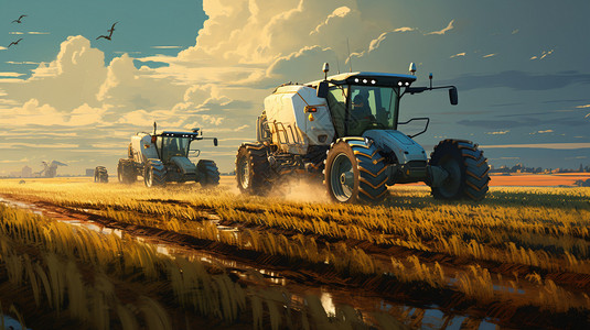 拖拉机收割拖拉机在农田中行驶设计图片