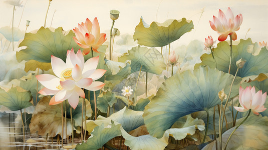 中国风莲花绘画背景图片