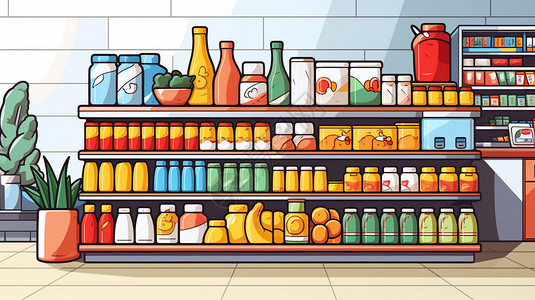 超市货架物品购物超市里货架上的物品插画