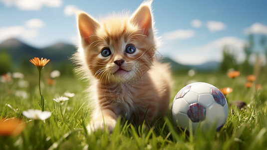 小树丛中猫草丛中玩足球的小猫背景