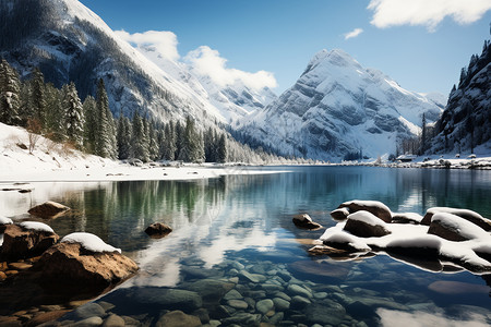 雪山森林中湖雪山下清澈的湖泊背景