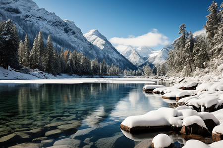 雪山森林中湖雪山下清澈见底的湖泊背景