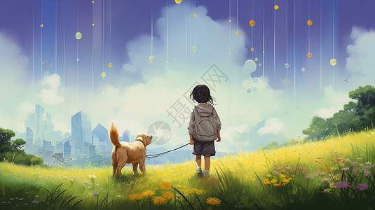 小男孩和狗在草地上散步图片