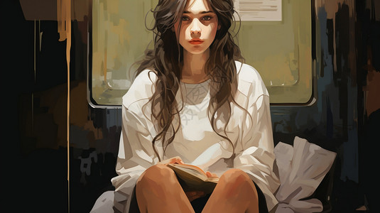 女孩坐着看书的插图背景图片