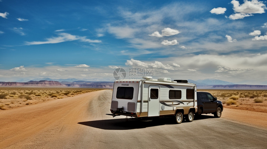 露营车停在沙漠道路上图片