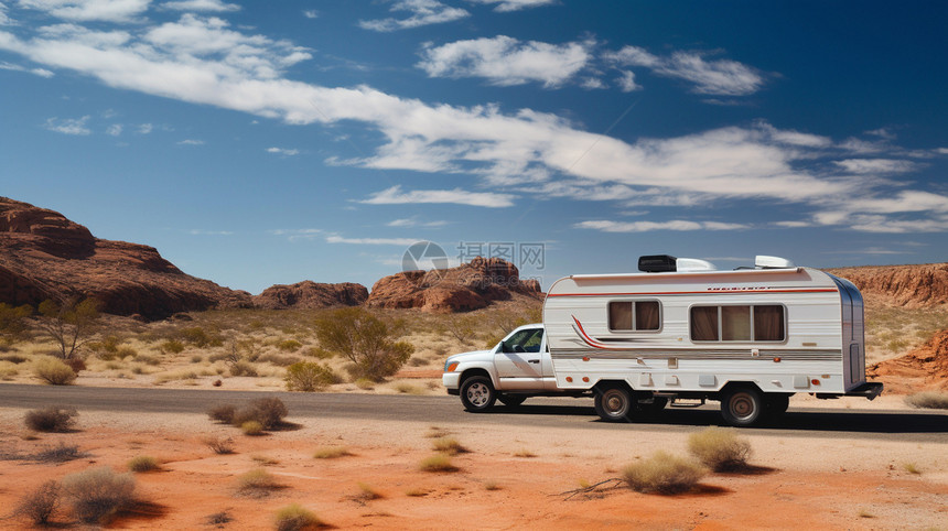 露营车在沙漠道路上行驶图片