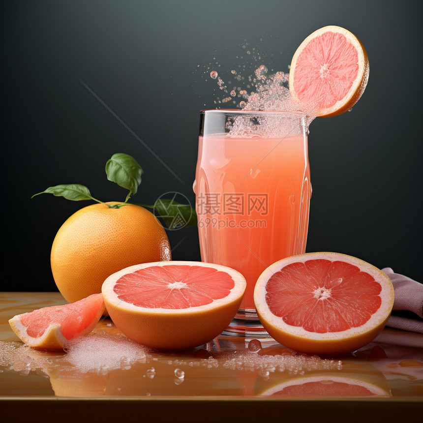 新鲜的葡萄柚汁和葡萄柚图片