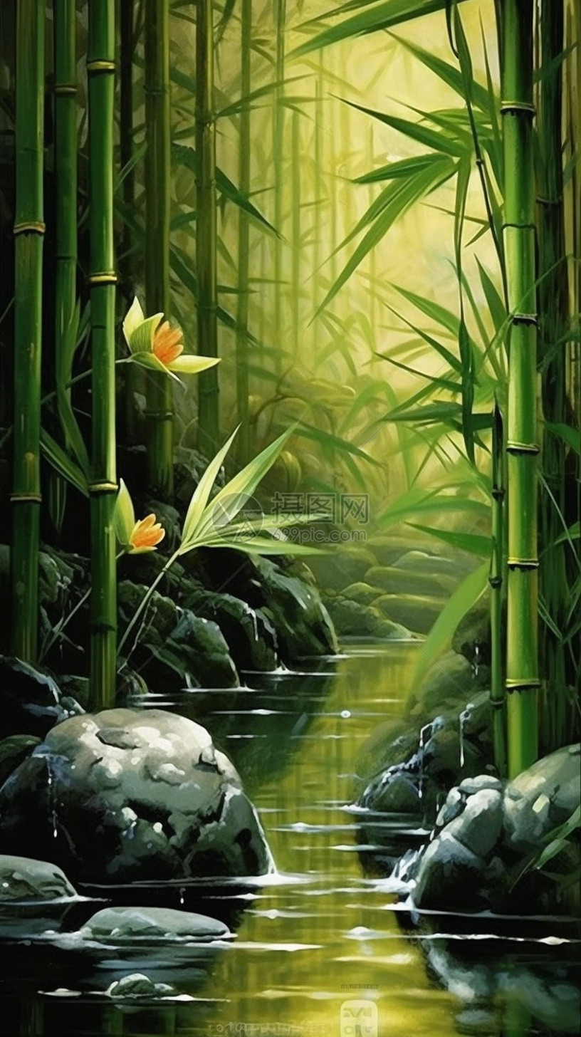 溪水边的竹林图片