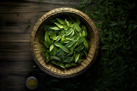 竹篮中的茶叶图片