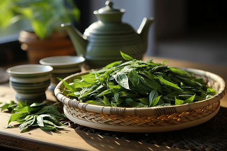 下后茶阳光下翠绿的茶叶背景