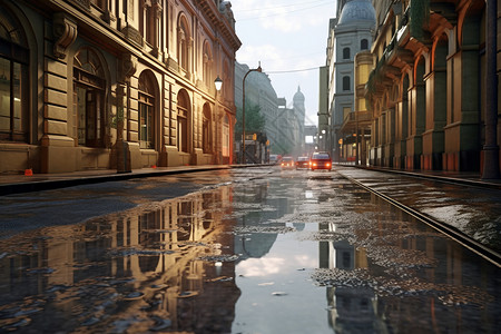 暴雨过后的城市街道图片