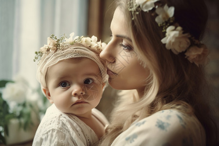 橄榄枝花环带花环的母亲和婴儿背景