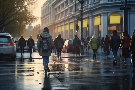 雨后的街道上的行人图片