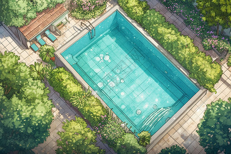 豪宅花园日光照耀的游泳池插画