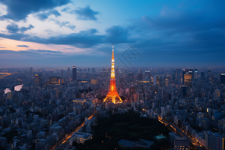 东京地标性建筑物东京塔远拍图背景