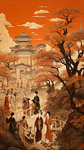 中国元主题海报宏伟宫殿下的人插画