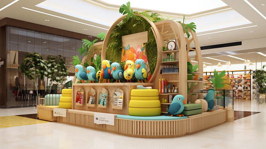 玩具促销展板商场里的鹦鹉展示台背景