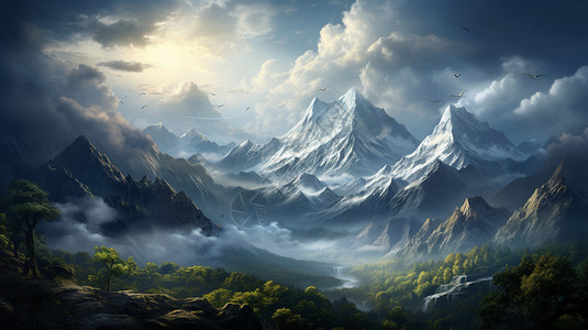 中俄边境风景云雾缭绕的山脉插画