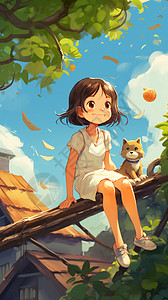 小猫和女孩的艺术插图背景图片