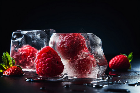 清凉的树莓冰块背景图片