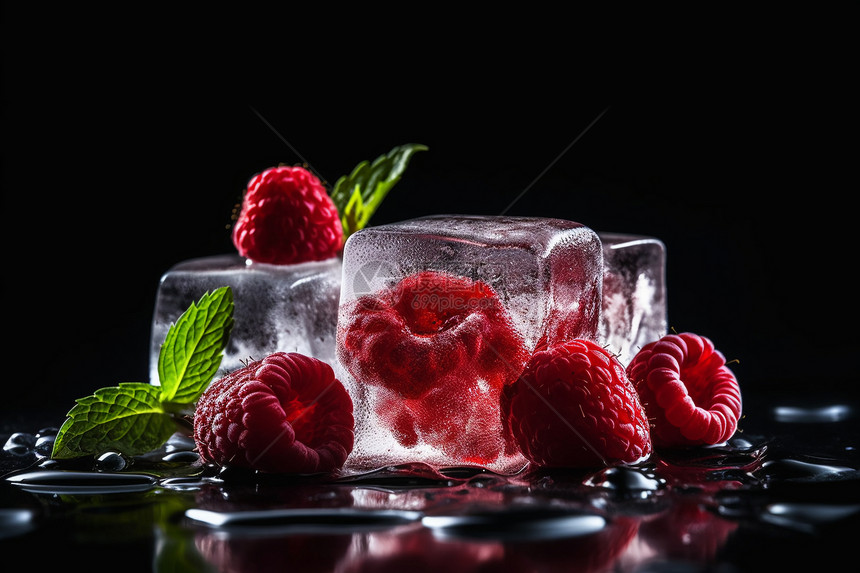 融化的树莓冰块图片