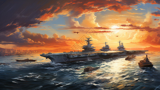 海上舰队交相辉映的中国航母插画