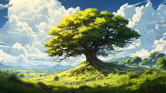 阳光下的一棵树夏日微风下的树林插画