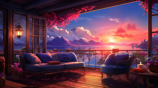 风景家具傍晚阳台上的风景艺术插图插画