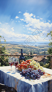 阳台红酒桌子上的葡萄和红酒插画