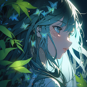 日本美女川崎希蓝绿色长发的美女插画