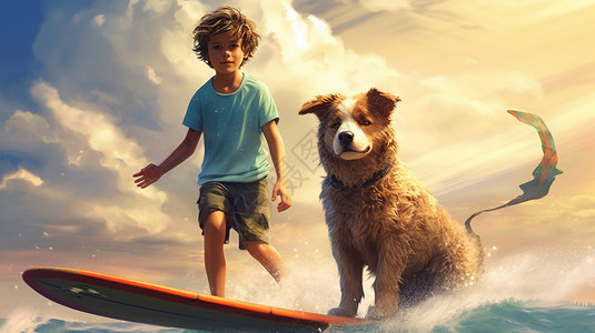 冲浪板上的男孩和狗狗图片