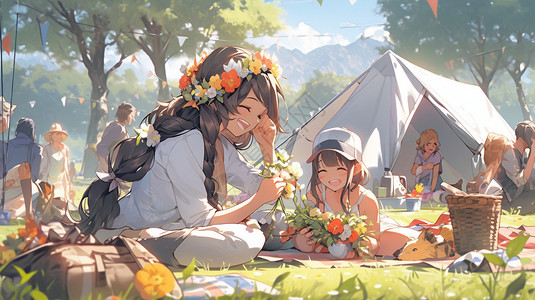 动漫风格草坪上的野餐插图背景图片