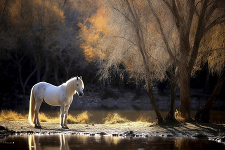 水边休息的马儿背景图片