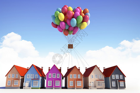 彩色气球房子升空的彩色气球插画