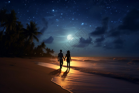 情侣沙滩散步月光下牵手的情侣插画