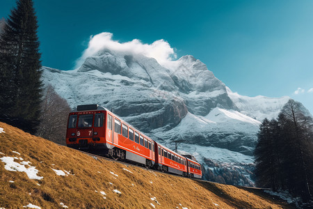 瑞士雪山火车驶过的草地背景