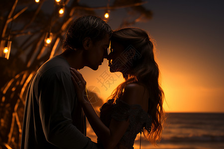 爱夫妇海滩边浪漫接吻的情侣插画