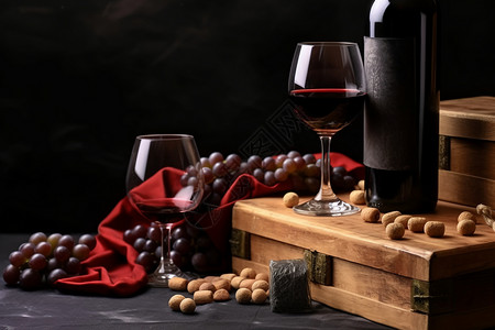 木制桌子和草地葡萄红色的葡萄酒背景