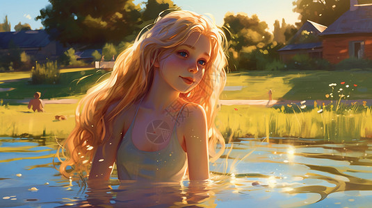 阳光照耀在泳池的女生高清图片