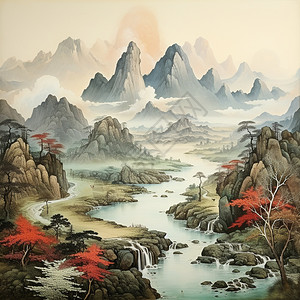 全景河河流和山脉的全景插画