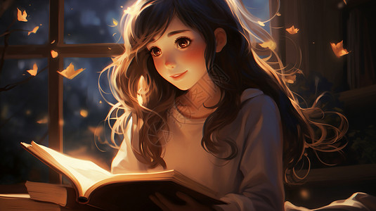 灯光下看书的女孩子背景图片