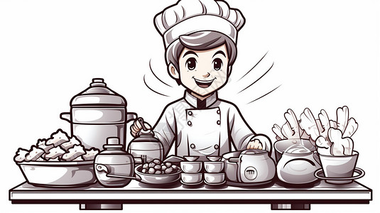 法餐厨师餐桌前的动漫厨师插画