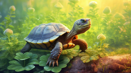 植被纹理豆苗上休息的乌龟插画