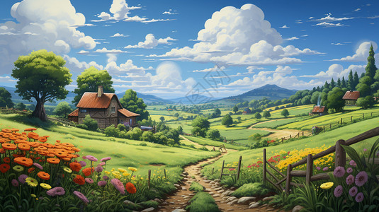 蓝天白云的卡通农场图片