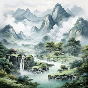 水墨烟雨烟雨山峰中国画插画