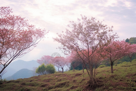山上的樱花树图片